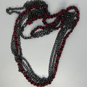 Dark Red Ribbon and Gunmetal Chain Layered Necklace